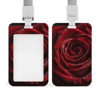 Porte-badge vertical pour badge d'identité avec photo coulissante en gros plan de rose rouge - Porte-badge avec fenêtre transparente - Porte-badge pour le travail