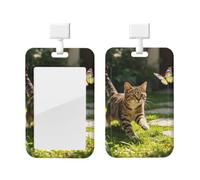 Porte-badge vertical pour cartes de travail, bureau, hôpital et enseignants | Porte-cartes en forme de chat poursuivant un papillon, design vertical pour carte d'identité, cartes de crédit et clés