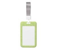 Porte-badge vertical rigide en plastique rigide, motif quadrillé dessiné à la main, vert et marron, avec cordon.