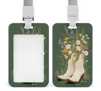 Porte-badge vintage avec motif bottes de cowboy blanches avec fleurs sauvages, marguerites, porte-carte rétractable, porte-cartes, badge de nom pour travail, bureau, médecin, infirmière