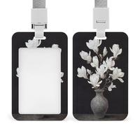 Porte-badge vintage avec motif de fleurs de magnolia blanches dans un vase, porte-badge rétractable, porte-cartes, porte-nom pour le travail, le bureau, les médecins, les infirmières