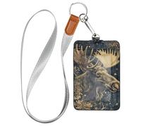Porte-badge vintage en cuir avec illustration de renne doré pour femme avec cordon et capacité de 3 cartes d'identité pour employés de bureau, infirmières, enseignantes, étudiantes