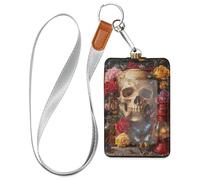 Porte-badge vintage en cuir avec motif tête de mort et fleurs pour femme avec cordon et capacité de 3 cartes d'identité pour le personnel, les officiers, les étudiants, les médecins, les employés