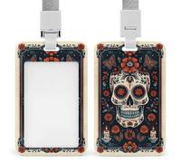 Porte-badge vintage en linogravure motif tête de mort floral avec clip rétractable pour carte de protection, badge nominatif pour travail, bureau, médecin, infirmière