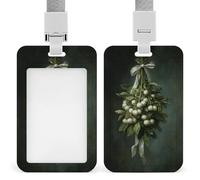 Porte-badge vintage rétractable avec motif de gui avec ruban blanc et baies blanches