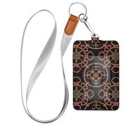 Porte-badges d'identification à motif géométrique ethnique rouge et noir avec cordon et 3 porte-cartes pour bureau, école, hôtel, cartes de passe