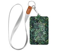 Porte-badges en cuir avec cordon et capacité de 3 cartes de sécurité pour bureau, école, hôtel, cartes de passage, feuilles vertes sur fond noir