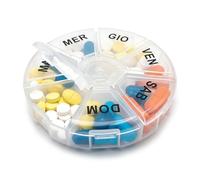 Porte-bagages hebdomadaires 7 compartiments ronds 8,5 cm - avec grandes inscriptions en italien pour pilules et suppléments - Nouveau modèle avec charnières renforcées - Organisateur compact et facile