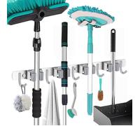 Porte Balai Mural en Acier Inoxydable Accroche Balai Mural avec 4 Emplacements et 5 Crochets pour Cuisine, Salle de