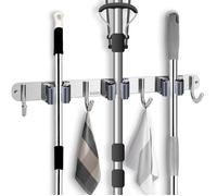 Porte Balai Mural Inoxydable Mop Support avec 3 supports et 4 Crochets pour Cuisine Jardin Balcon Garage