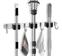 Porte Balais Mural Inoxydable Mop Support avec 3 Clips et 4 Crochets pour Cuisine Jardin Balcon Garage