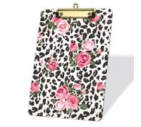 Porte-bloc acrylique léopard roses, porte-bloc tendance 22,9 x 31,8 cm avec pince métallique plate, porte-blocs décoratifs pour le bureau, les adolescents, les infirmières, les femmes-Clip doré