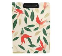 Porte-bloc avec dossier, petites fleurs rouges, feuilles vertes, style imprimé, format A4, porte-bloc avec deux clips métalliques, porte-stylo avec couverture