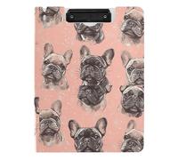 Porte-bloc avec rangement - Motif bouledogue français amusant - Pêche - Format A4 - Deux clips métalliques - Porte-stylo - Avec couverture rigide