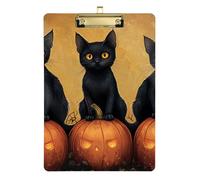 Porte-bloc d'Halloween en acrylique avec illustration de chat noir et citrouille - Lettre standard A4 - Imperméable pour les enseignants - Doré - 30,5 x 22,9 cm - Tabla para escribir