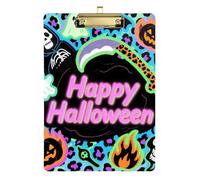 Porte-bloc d'Halloween violet imprimé léopard citrouille acrylique lettre standard A4 taille transparente pour fournitures de classe pour enseignants lycée doré 30,5 x 22,9 cm Tabla para escribir con