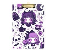 Porte-bloc en acrylique avec motif squelette de poupée d'Halloween mignonne de dessin animé violet pour l'école, lettre standard A4, tableau rigide pour enseignant, porte-bloc doré, 30,5 x 22,9 cm