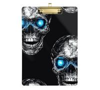 Porte-bloc en acrylique avec motif tête de mort bleu fluo - Format A4 - Pour enseignants infirmiers - Doré - 30,5 x 22,9 cm - Tabla para escribir avec clip