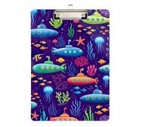 Porte-bloc en acrylique coloré sous-marins mignons, porte-bloc de taille standard pour enseignants, étudiants, infirmières, clip doré à profil bas, languette de suspension rétractable