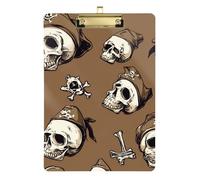 Porte-bloc en acrylique marron écarlate avec motif crânes de pirate, format A4, format A4, porte-bloc doré, 30,5 x 22,9 cm, tabla para escribir con clip
