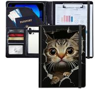 Porte-bloc en cuir personnalisé avec organiseur de documents de CV, format A4, porte-cartes de visite pour homme et femme, chat qui regarde les yeux avec yeux larges