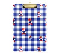 Porte-bloc en plastique pour filles Motif vichy bleu avec chapeaux d'oncle Sam pour la première année de professeur Taille 22,9 x 30,5 cm