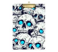 Porte-bloc latéral en acrylique avec tête de mort bleu fluo - Lettre standard A4 - Trou standard pour fournitures de classe pour enseignants - Or - 30,5 x 22,9 cm - Tabla para escribir avec clip