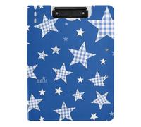 Porte-bloc pliable avec deux clips métalliques - Motif carreaux bleus et étoiles - Format A4 - Avec couverture