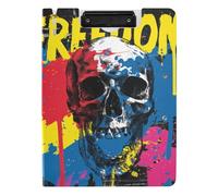 Porte-bloc pliable avec rangement graffiti coloré tête de mort A4 porte-bloc Folio double clips métalliques porte-stylo bureau avec couverture rigide