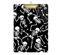 Porte-bloc squelette Halloween tête de mort noire en acrylique - Lettre standard A4 - Pour étudiants en soins infirmiers - Trade Quest - Doré - 30,5 x 22,9 cm - Tabla para escribir avec clip