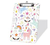 Porte-blocs cartoon avec de jolies licornes, décoratifs, format acrylique 22,9 x 31,8 cm Porte-blocs avec pince métallique plate, porte-blocs suspendu pour enseignants, élèves, bureau-Clip argenté