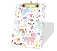 Porte-blocs cartoon avec de jolies licornes, décoratifs, format lettre acrylique 22,9 x 31,8 cm Porte-blocs avec pince métallique plate, porte-blocs suspendu pour enseignants élèves bureau-Clip doré