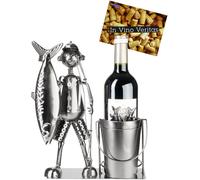 BRUBAKER Porte-Bouteilles à Vin 'Grande Prise' Pêcheur - Décoration Métal avec Poisson, Canne à Pêche et Seau - 30 cm Cadeau Vin - Carte de Voeux Incluse