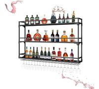 Porte Bouteille Mural avec Lumière LED, Casier à vin avec Porte Verre, Range Bouteille, Métalique Étagère Murale À Bouteilles, pour Maison Restaurant Bars(Black,80x90cm/31.5x35.4in)