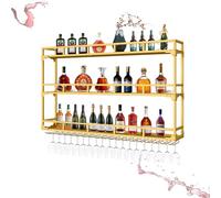 Porte Bouteille Mural avec Lumière LED, Casier à vin avec Porte Verre, Range Bouteille, Métalique Étagère Murale À Bouteilles, pour Maison Restaurant Bars(Gold,140x90cm/55x35.4in)