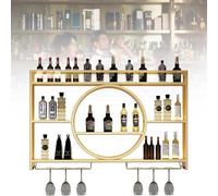 Porte Bouteille Mural,Casier à Vin En Métal Avec Porte Verre Porte-Bouteilles Mural étagères Flottantes Pour Bar Racks De Rangement Suspendus Étagères De Bar(Size:140cm,Color:Or)