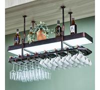 Porte-bouteilles de plafond avec lumière LED et porte-gobelets suspendus - Unité de rangement murale parfaite pour la décoration et la décoration de bar à la maison.