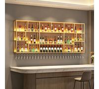 Porte-Bouteilles Mural avec Éclairage LED, Étagère à Vin Murale Métal avec Support à Verres, Rangement Suspendu pour Bouteilles de Vin, pour Bar Cuisine Salle à Manger,Noir/Or(Gold,220cm/86.6in)