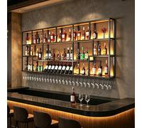 Porte-Bouteilles Mural avec Éclairage LED, Étagère à Vin Murale Métal avec Support à Verres, Rangement Suspendu pour Bouteilles de Vin, pour Bar Cuisine Salle à Manger,Noir/Or(Black,250cm/98.4in)