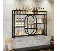 Porte-Bouteilles Mural avec Porte-Verre, Casier À Vin en MéTal, Bars Modernes Porte-Vin ÉTagèRes Flottantes en Verre Industrielle, Etagere Murale Range Bouteille Vin,Noir,Or(Black,47.2IN/120CM)