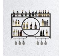 Porte-bouteilles mural avec support pour verre - Mini étagère flottante pour liqueurs, whisky et vin - Noir (100 x 80 x 15 cm)