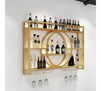 Porte-Bouteilles Muraux,Cadre En Fer À Trois Niveaux Avec Porte-Verre,Présentoir À Vin Avec Lumière LED,Porte - Vin Montage Mural,Industriels Murale Étagères Polyvalentes En Méta(Gold,55.1in/140cm)
