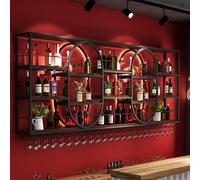 Porte-Bouteilles Muraux Industriels casier à vin en fer, casier à vin suspendu moderne en métal de grande capacité, casier à vin mural de style industriel avec porte-verres(Black,220cm/86.6in)