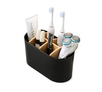 Porte-brosse à dents noir pour salle de bain avec compartiments en bambou, support de brosse à dents électrique avec fond antidérapant, organisateur de brosse à dents à 6 emplacements, panier de