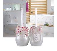 Porte-Brosse de Toilette en Fil de nylonFleurs Grises et Roses Balai de Toilette,Antibactérienne balayette WC Ensemble Brosse de Toilettes à Manche Long avec Support Hygiénique sans RayuresAu Sol