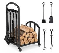 Porte-Bûches à Roulettes COSTWAY Support à Bois de Chauffage en Métal 100 kg avec 4 Accessoires de Cheminée 4 Roues 42 x 38x75cm