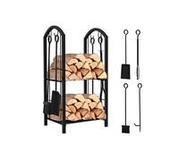 VOUNOT® Porte Bûches de Cheminée avec 4 Outils Grande et 2 Étagères en Métal Grande Capacité Support de Stockage de Bois Intérieur Extérieur Range Bûches Multi Accessoires 75 * 38 * 38cm Noir