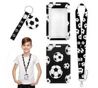 Porte carte avec cordon, soft football pattern lanière noire confortable ID clip pour bus école croisière avec porte - clés de football noir