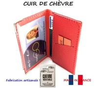 Porte carte crédit simple 1 à 2 carte + étui carte RFID, compact plat cuir chèvre, Navigo, bancaire LOLUNA® (Rouge)