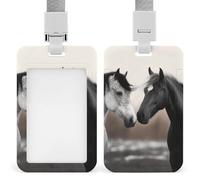 Porte-carte d'identité pour cordon, porte-badge imprimé chevaux noirs et blancs avec fenêtre transparente, porte-carte de bus vertical en plastique pour travail, enseignant, infirmière, employé